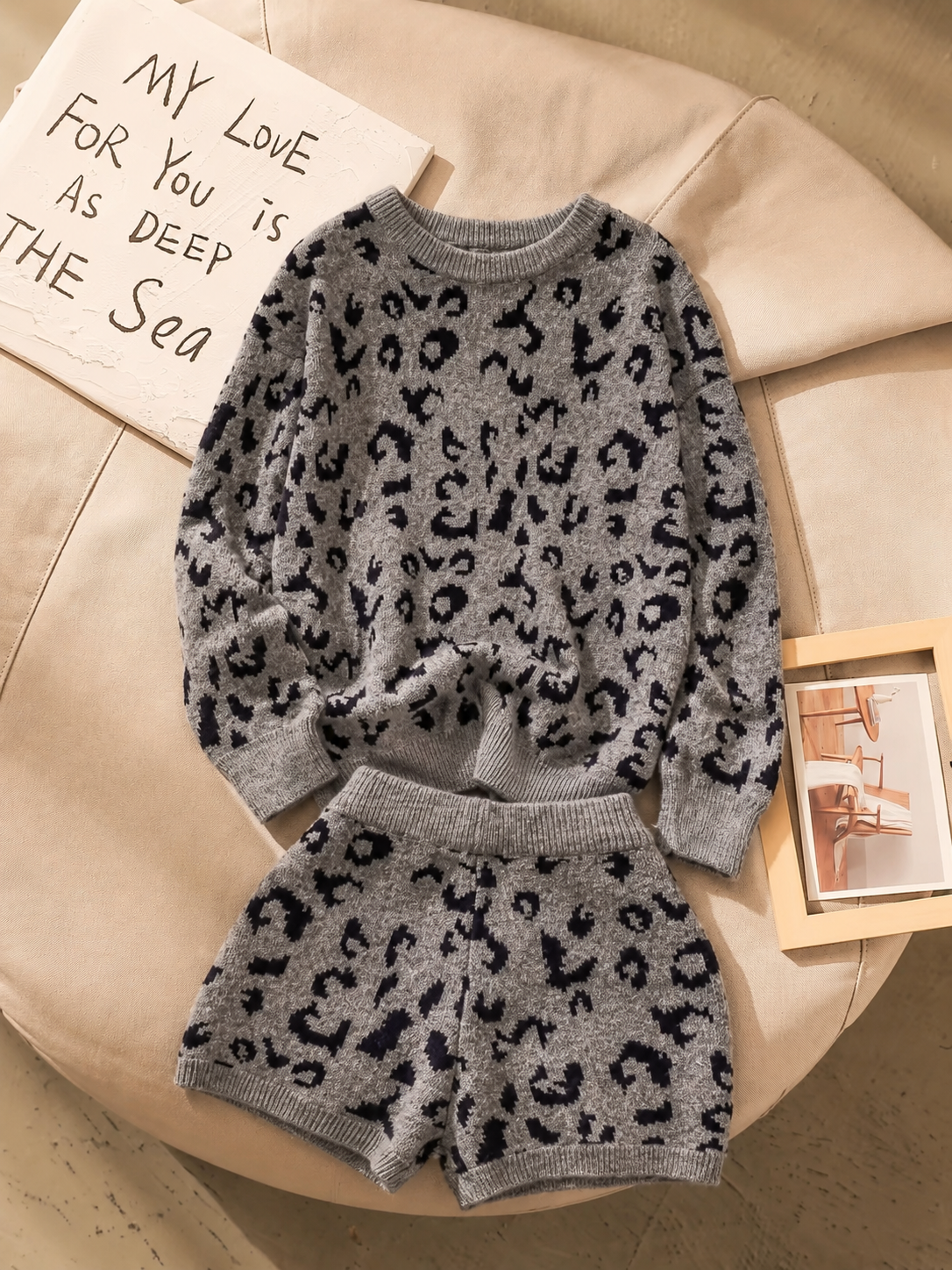 AliceLily Leopard Sweater Short Two Piece Set